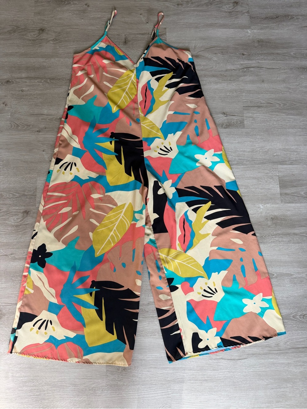LUXSE Tropical Print Wide Leg Jumpsuit XL Colorful Summer Romper